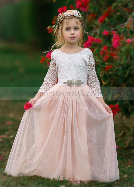 Ivory Lace Blush Pink Tulle V Back Flower Girl Dress